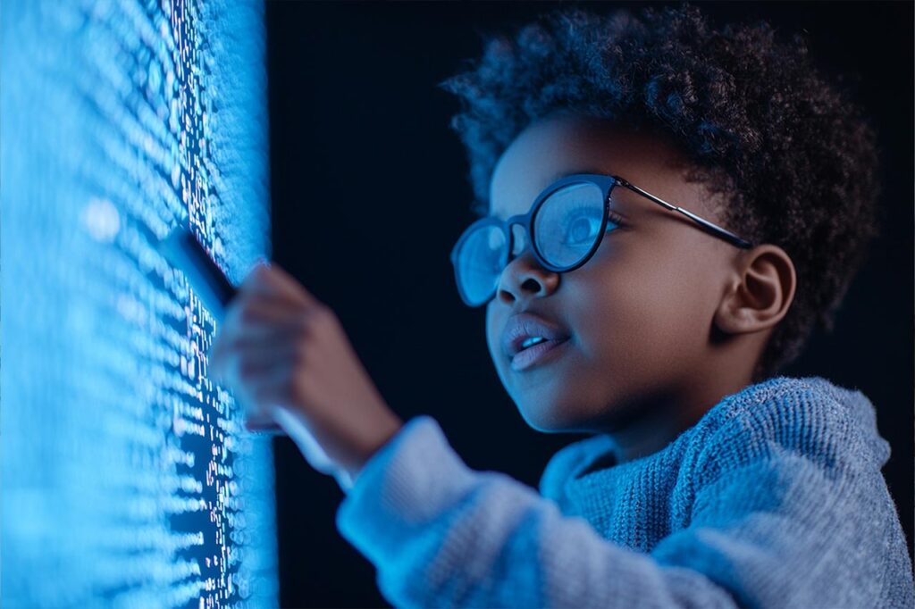 primary school maths student looking at a computer screen